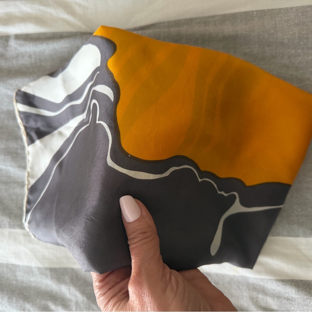 Abraham & Straus Abstract Floral Silk Scarf in Gray, White & Mustard 29” x 29”